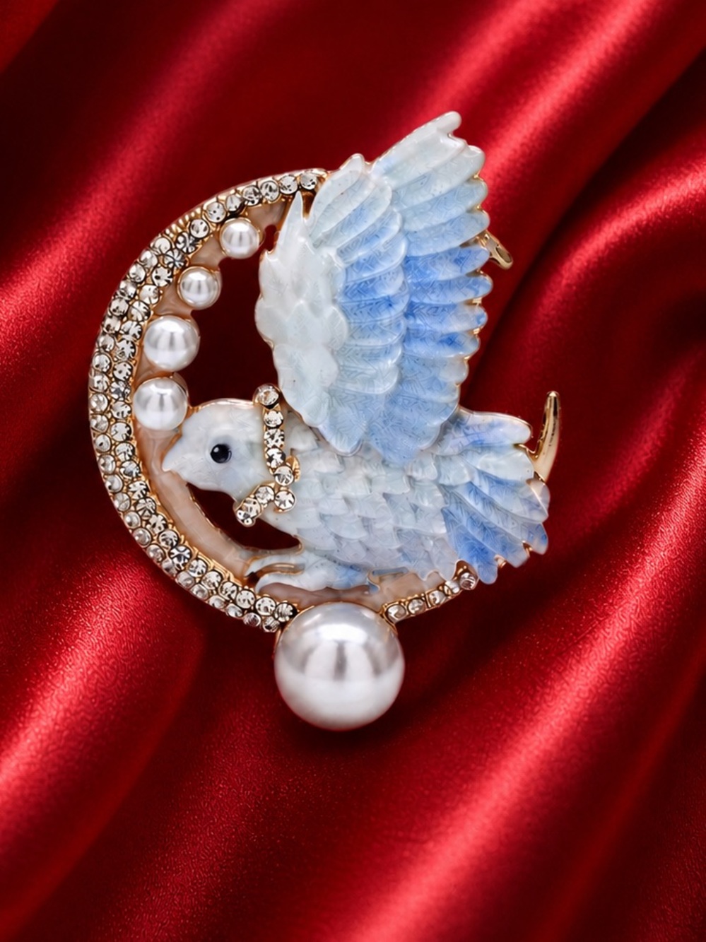 Celestial Blue Bird Pearl Gold Crystal Brooch